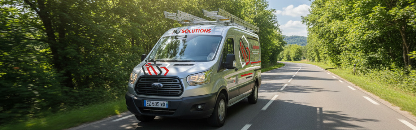 Camion Aj Solutions floqué fond boisé